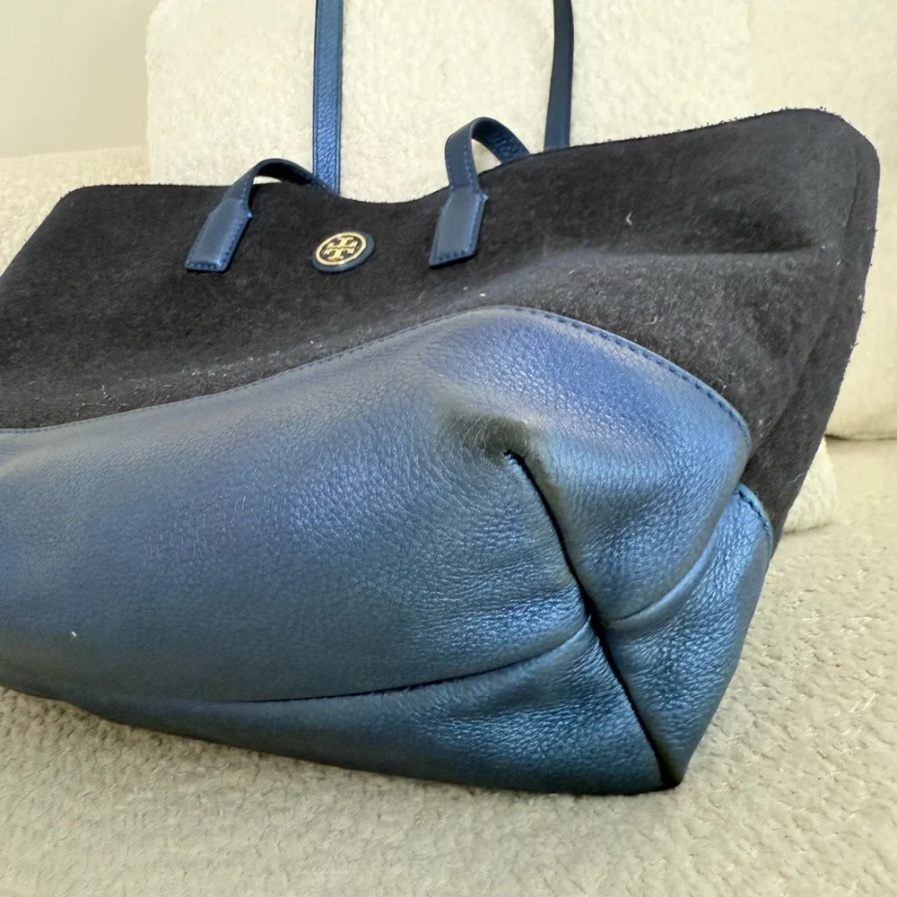 Tory Burch Emma Gray Wool & Metallic Blue Leather Tote‎ Bag